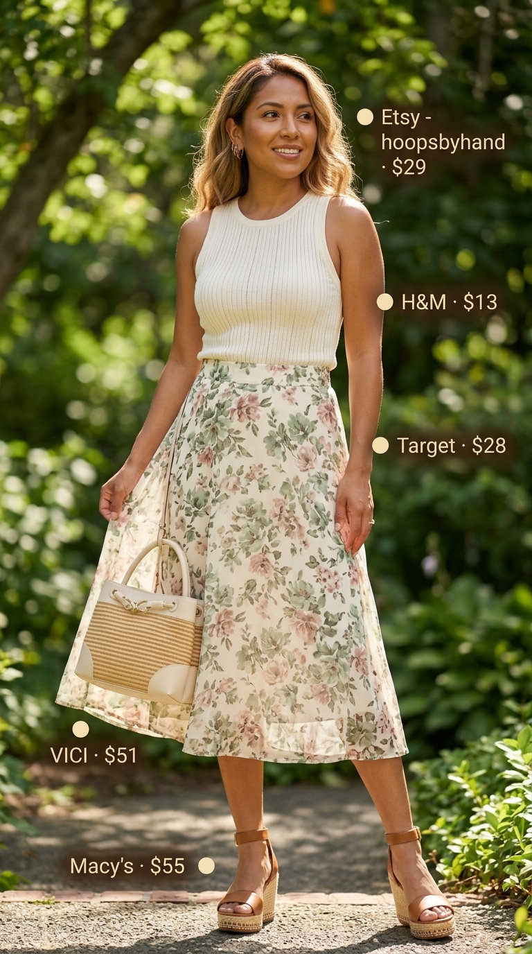 Trendy coquette summer outfits for women 2026: floral midi skirt, ribbed tank, espadrilles for a garden party.