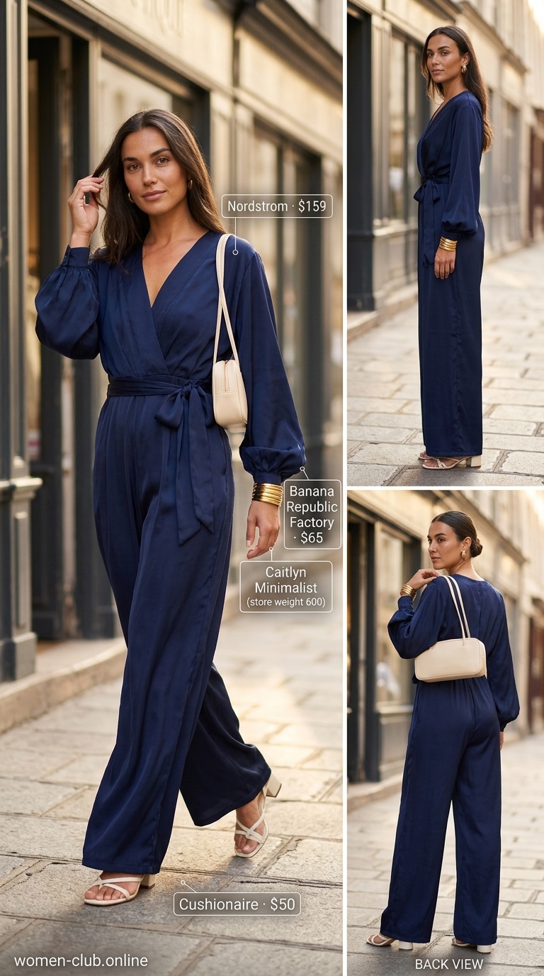 Trendy coquette summer outfits for women 2026: navy wide-leg jumpsuit, block heels for chic travel and casual daytime.