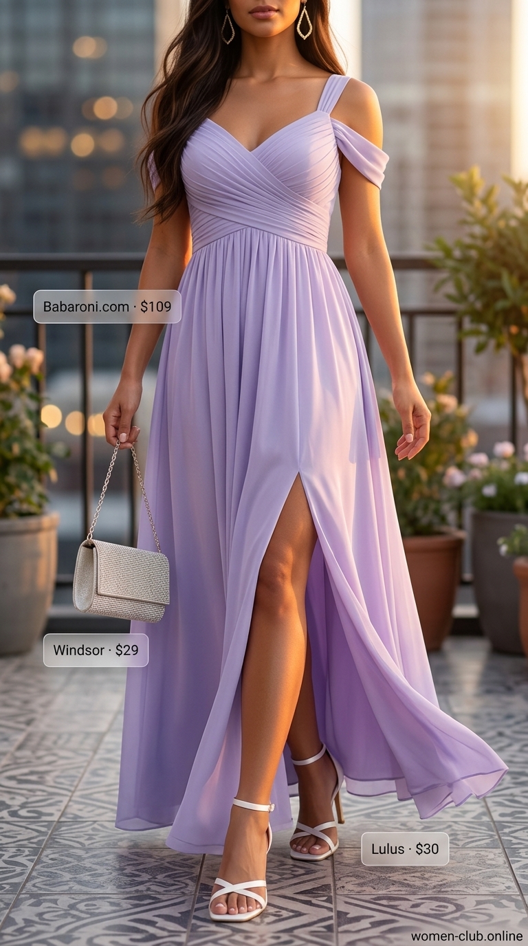 Elegant coquette summer outfits for women 2026: Lavender maxi dress, gold earrings, silver clutch, and ivory sandals for evening events.