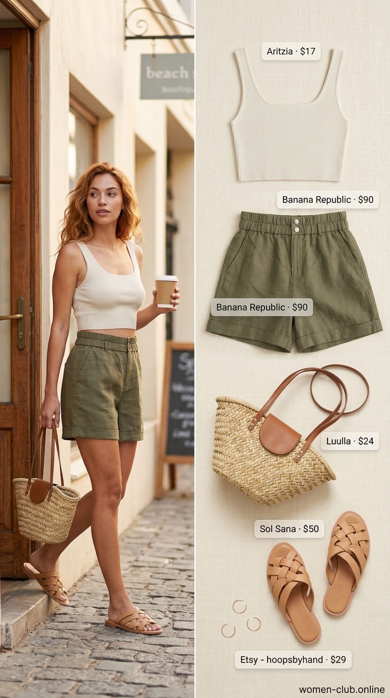 Trendy coquette summer outfits for women 2026: Olive green shorts, cream crop top, straw tote, and gold hoops for a casual chic look.