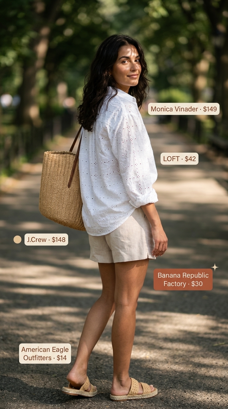 Trendy coquette summer outfits for women 2026: white eyelet shirt, linen shorts, espadrilles for a sweet picnic.