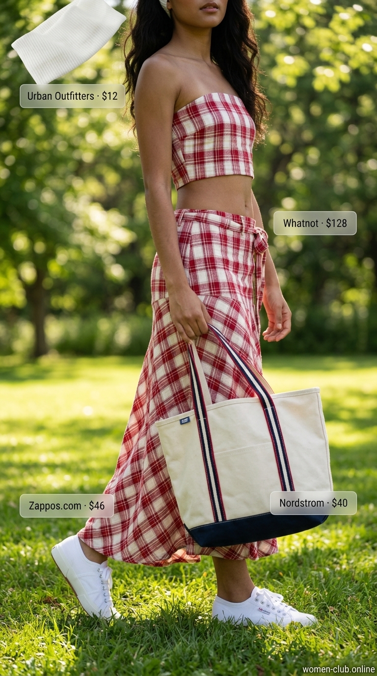 Playful coquette summer outfits for women 2026: Plaid matching set, canvas tote, sneakers, and headband for a picnic.