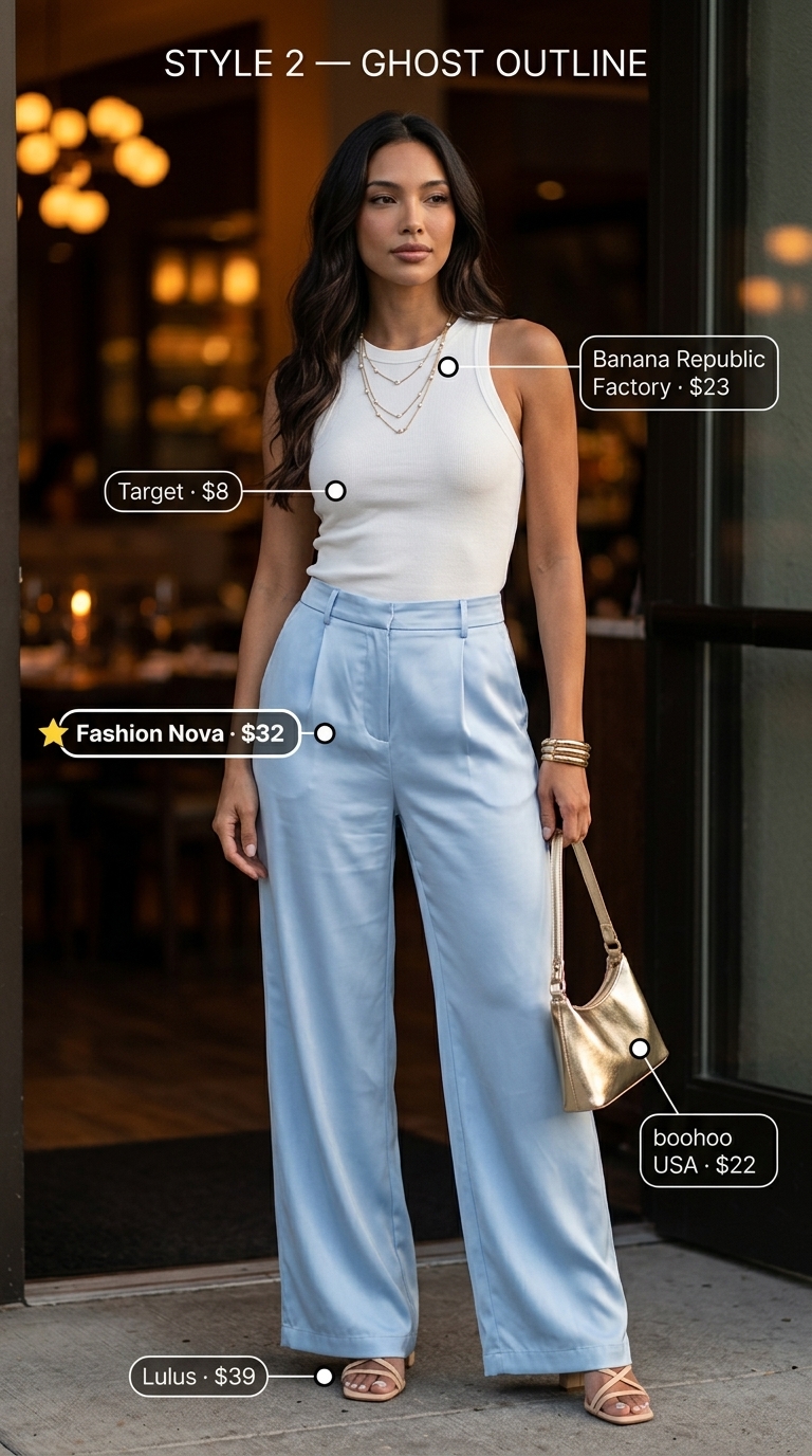 Trendy coquette summer outfits for women 2026: pastel blue satin pants, ribbed tank, heeled mules for evening out.