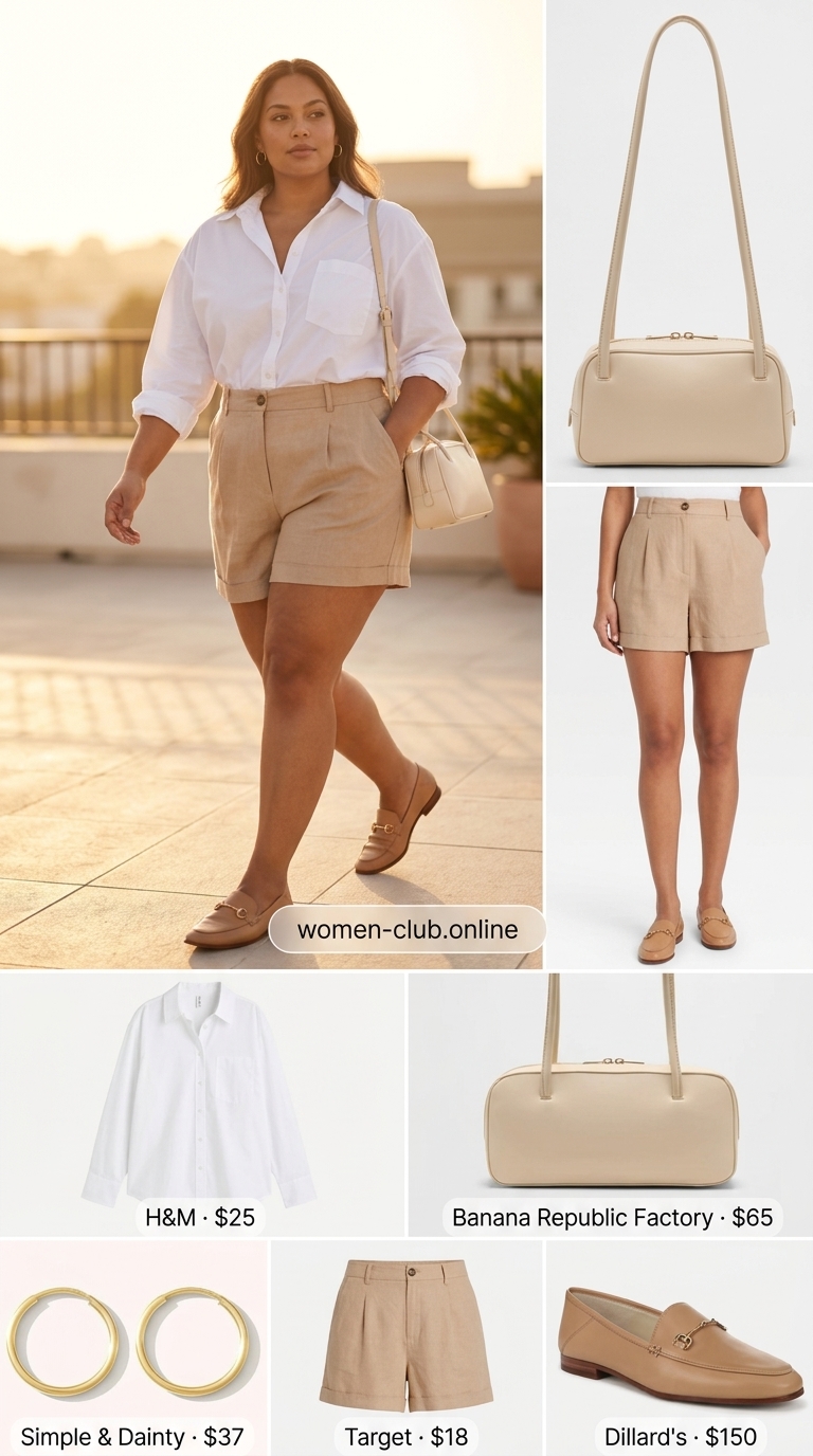 Chic coquette summer outfits for women 2026: White shorts, oversized shirt, beige loafers, and top-handle bag for smart casual.