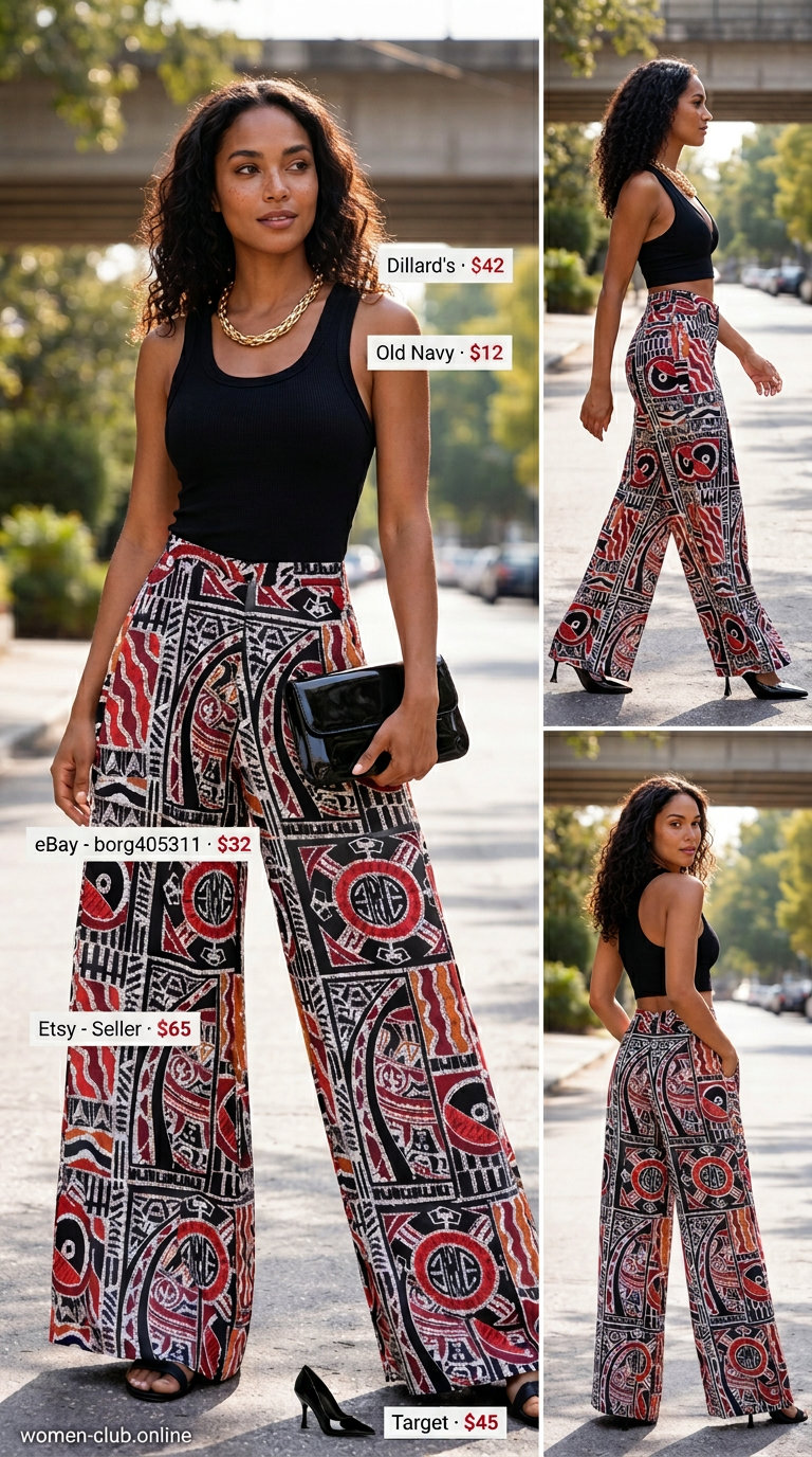 Trendy mob wife summer outfits 2026: Bold print pants, black top, statement necklace. Fashion-forward look.