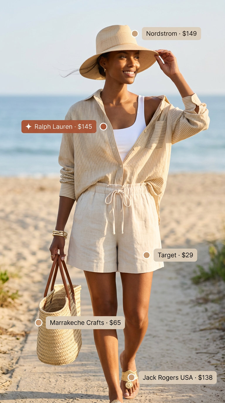 Trendy mob wife summer outfits 2026: Striped linen shirt, high-waisted shorts, straw hat & embellished sandals.