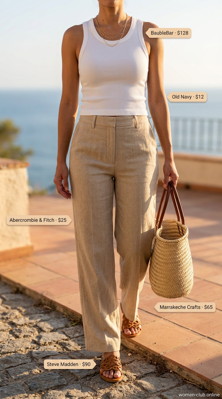 Trendy mob wife summer outfits 2026: Linen pants, fitted tank, flat slides, straw tote & layered gold necklaces.
