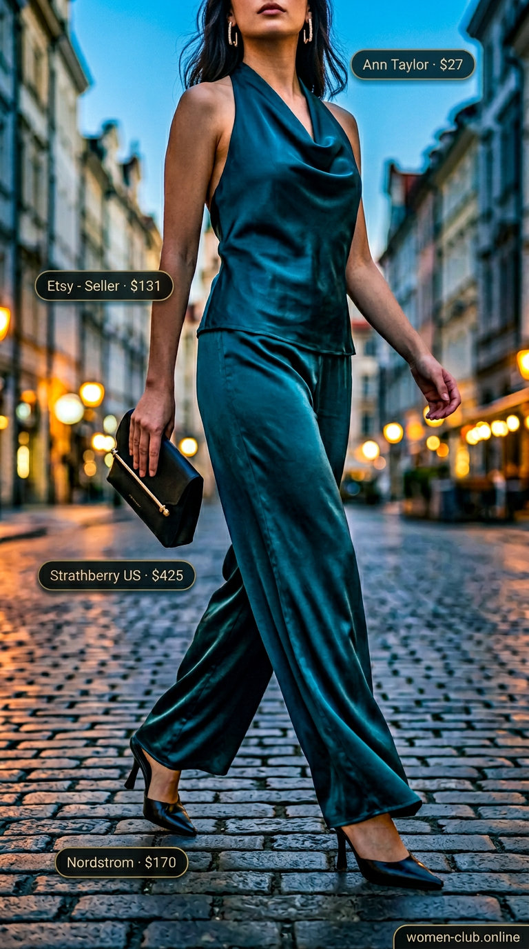 Trendy mob wife summer outfits 2026: Teal satin wide-leg pants set with heeled mules & gold drop earrings.