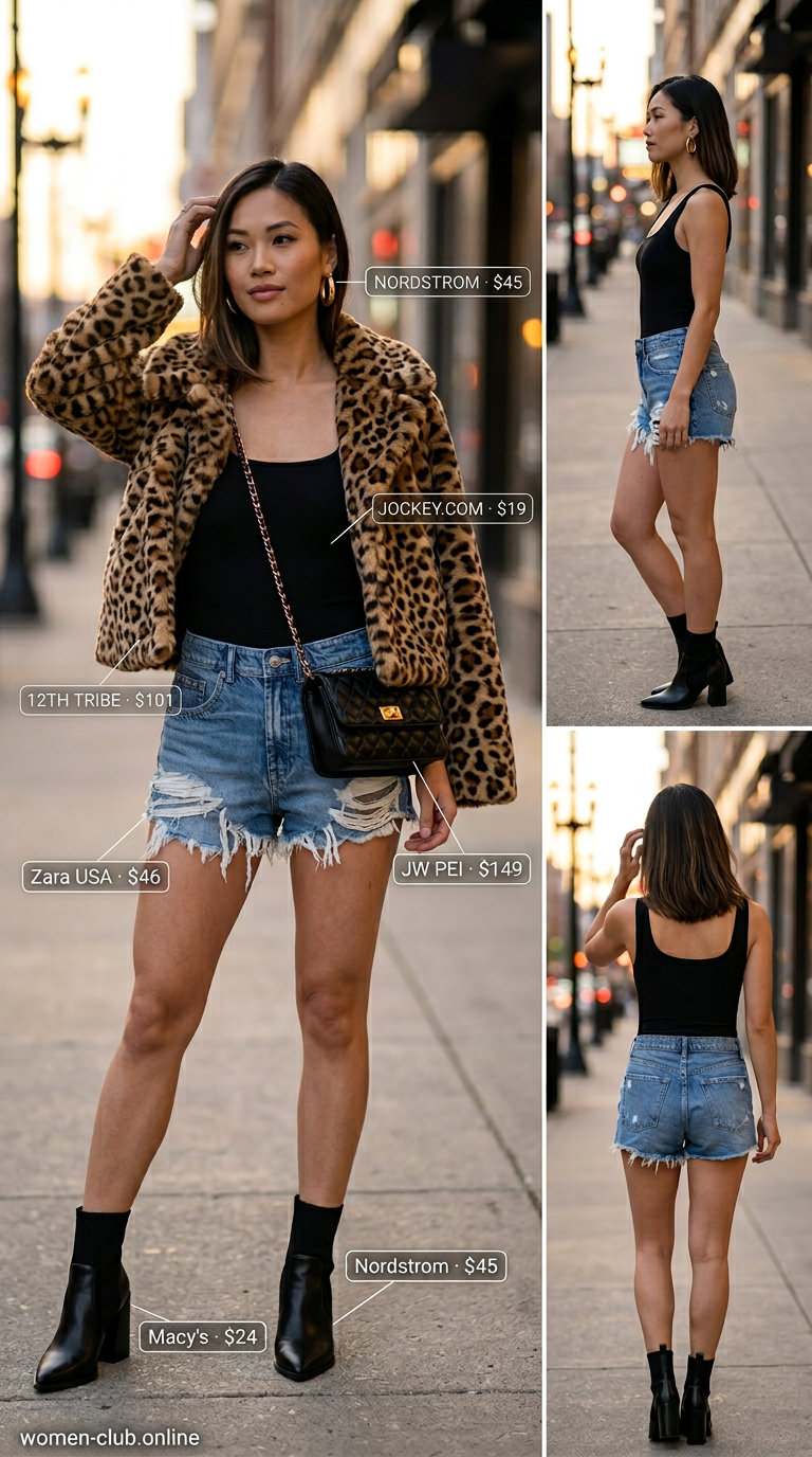 Trendy mob wife summer outfits 2026: Leopard faux fur jacket over denim shorts and bodysuit for edgy night out.