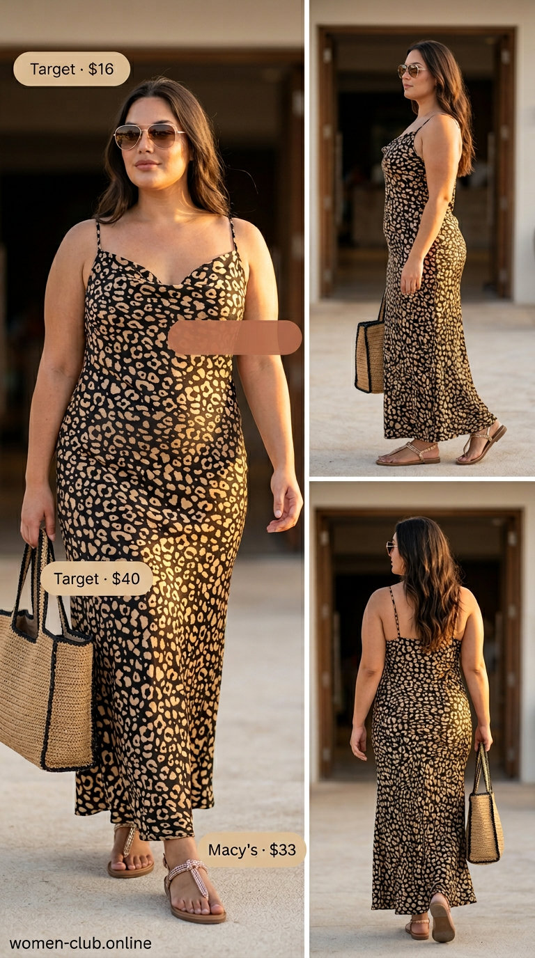 Trendy mob wife summer outfits 2026: Leopard maxi dress with straw tote and gold aviators for beach club style.