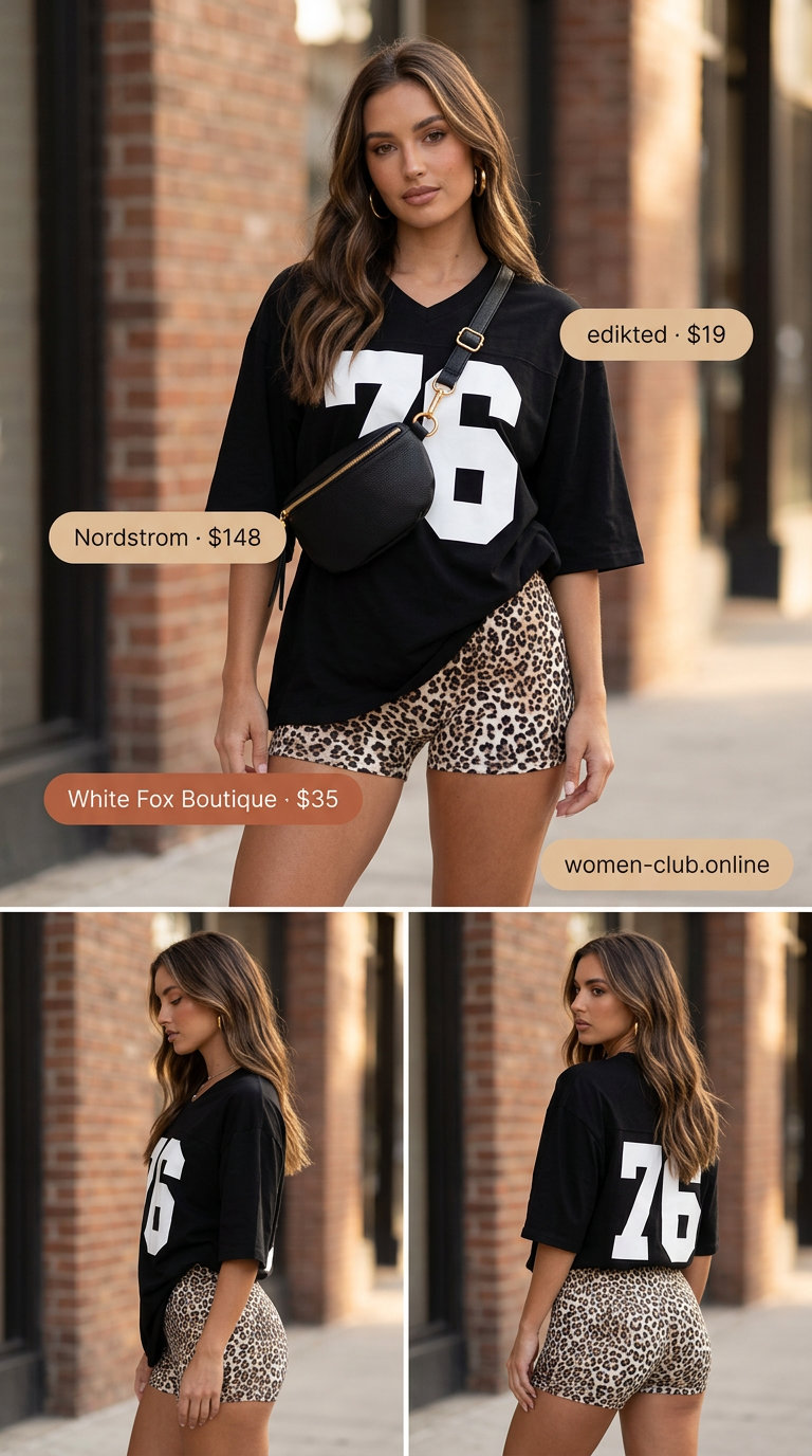 Trendy mob wife summer outfits 2026: Leopard print biker shorts with oversized tee and chunky slides for casual chic.