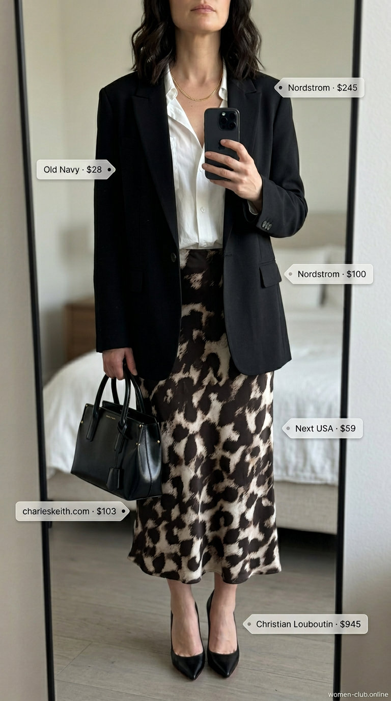 Trendy mob wife summer outfits 2026: Leopard skirt, white shirt, black blazer. Sophisticated business casual look.