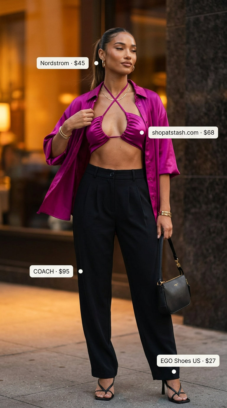 Trendy mob wife summer outfits 2026: Magenta satin matching set with gold hoops and black sandals for resort wear.
