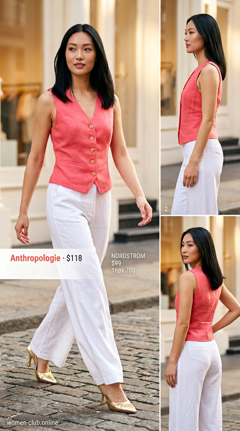 Trendy mob wife summer outfits 2026: Orange linen vest, white pants, gold slingbacks & structured top-handle bag.