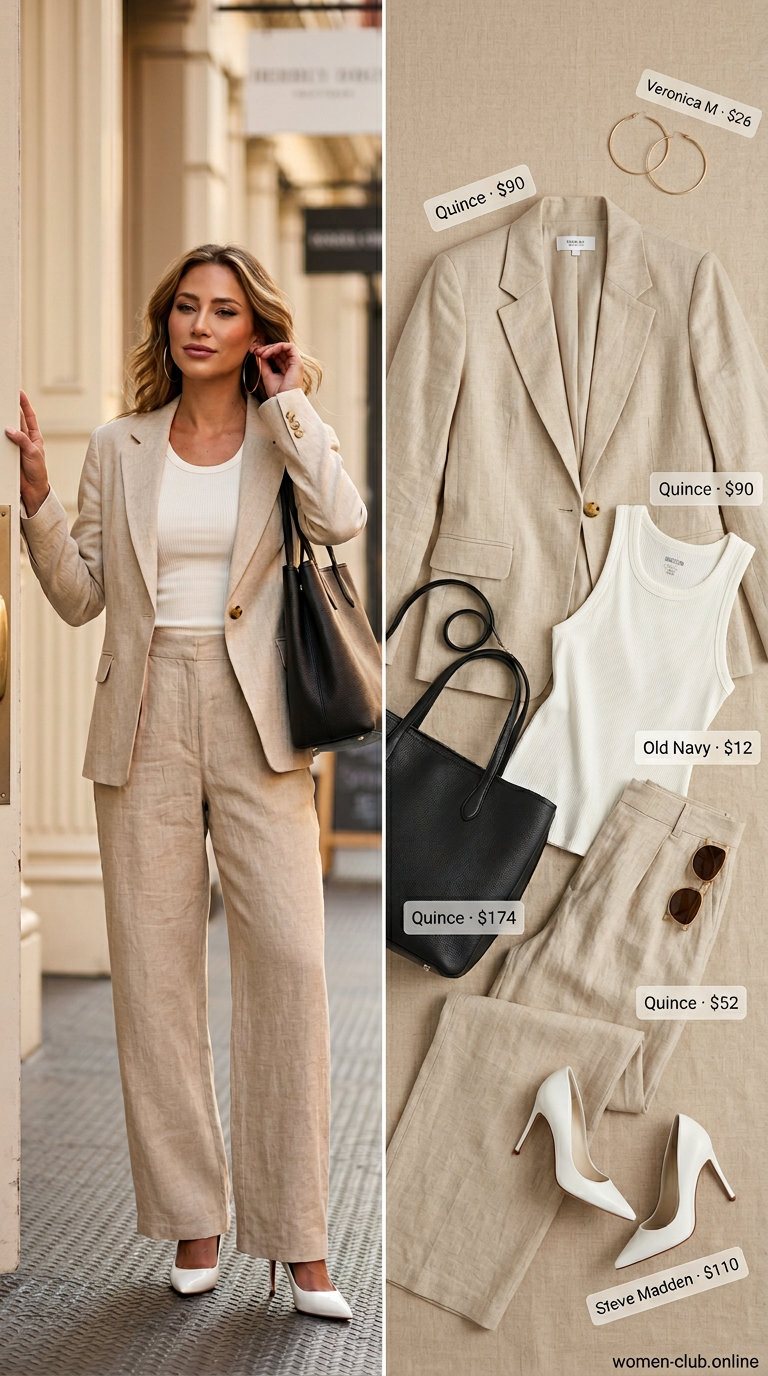 Trendy mob wife summer outfits 2026: Beige linen suit, white tank, gold hoops. Powerful business look.