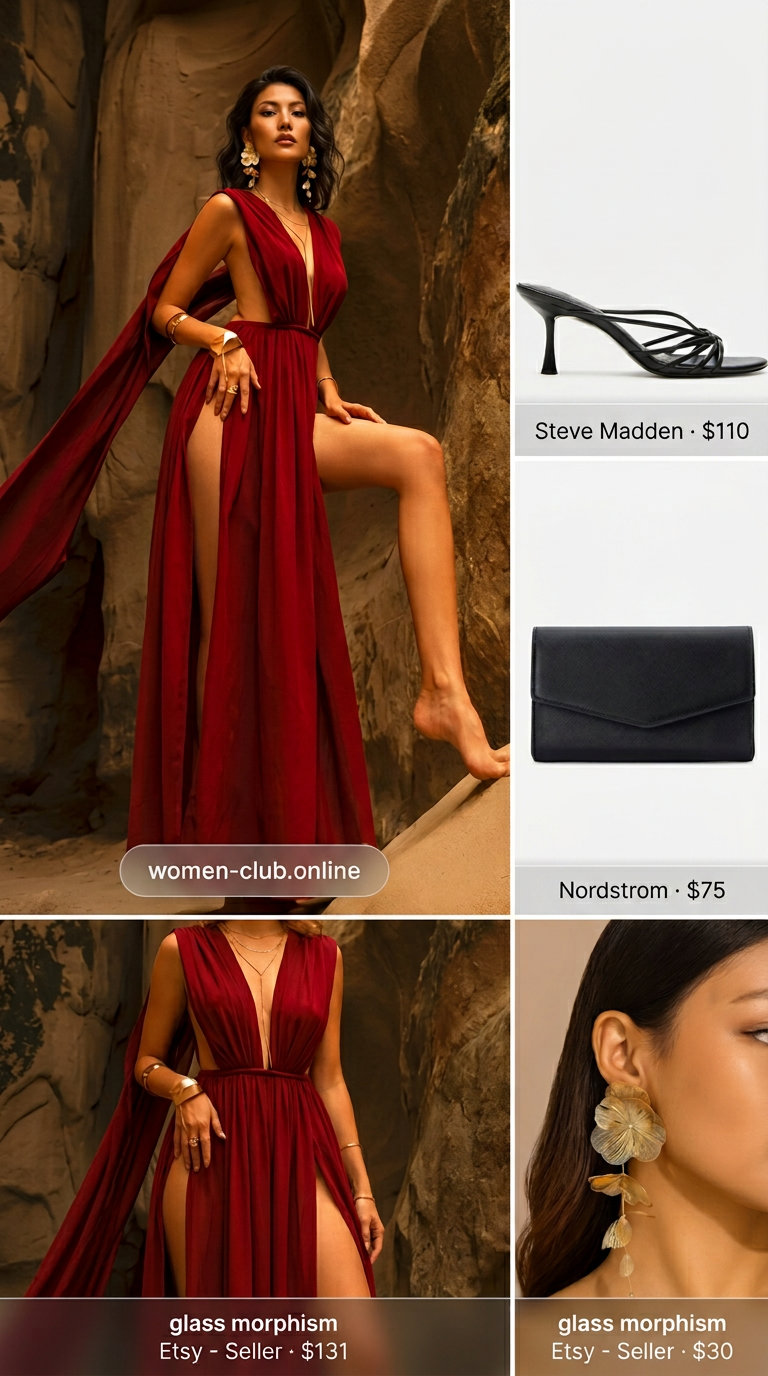 Trendy mob wife summer outfits 2026: Bold red maxi dress, gold earrings, black heels. Dramatic evening look.