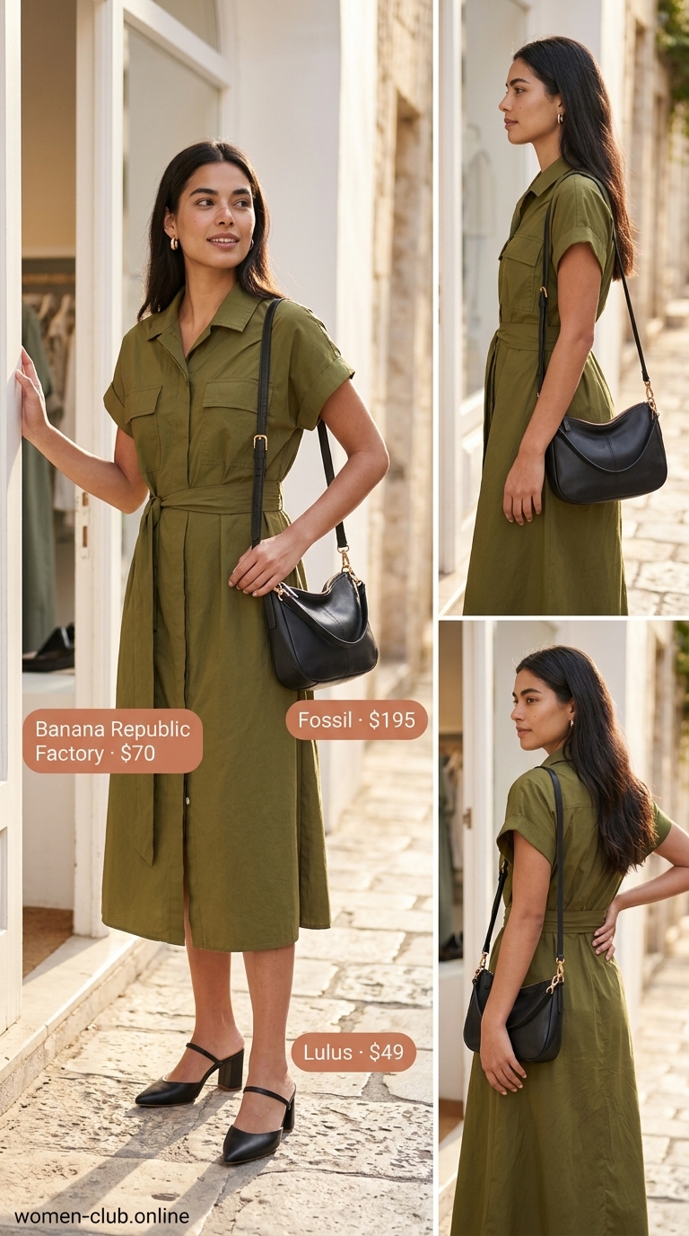 Trendy mob wife summer outfits 2026: Olive green safari shirt dress with gold aviators and black crossbody for daytime.