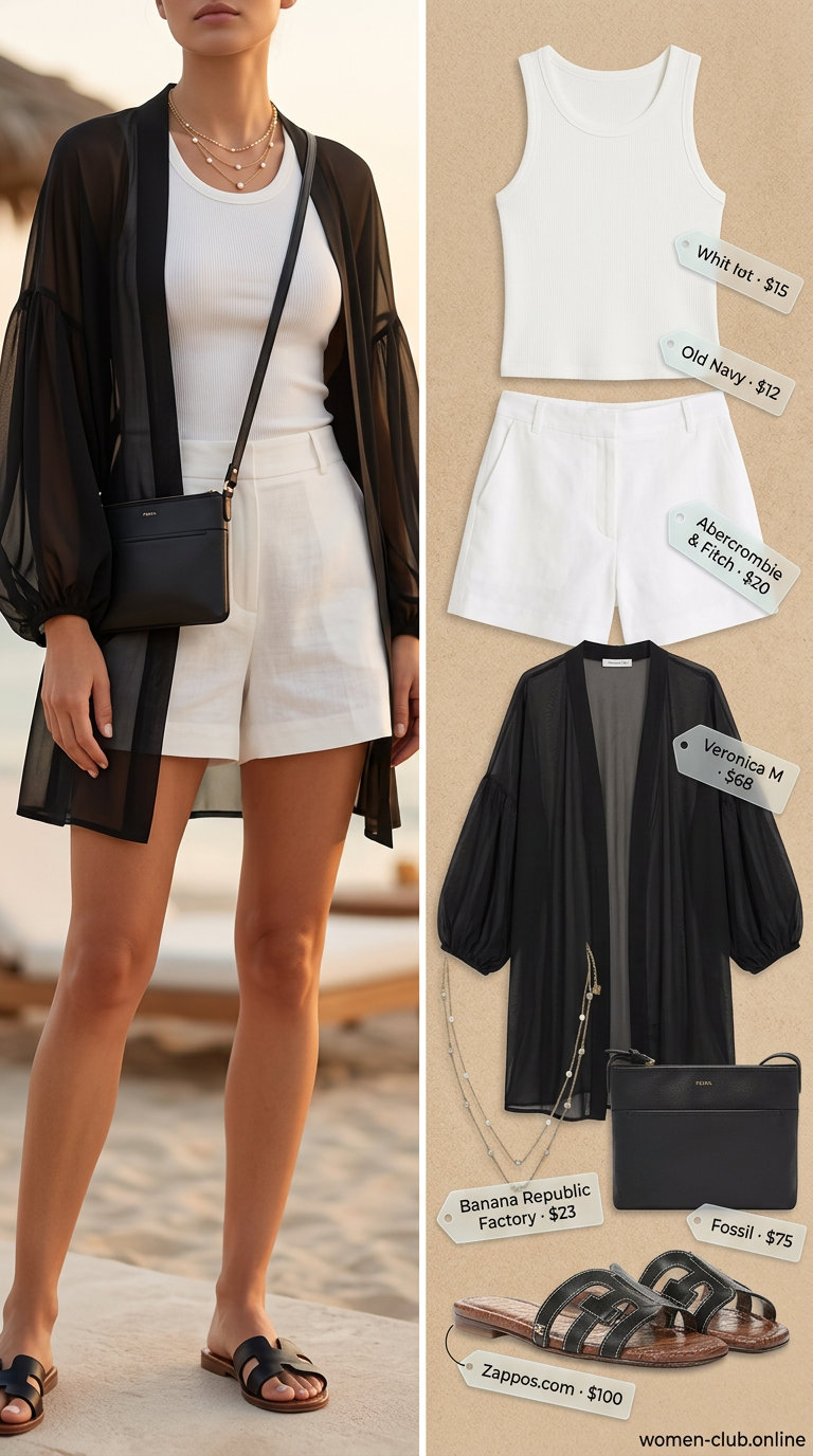 Trendy mob wife summer outfits 2026: Sheer black kimono, white shorts, tank. Luxe resort wear look.