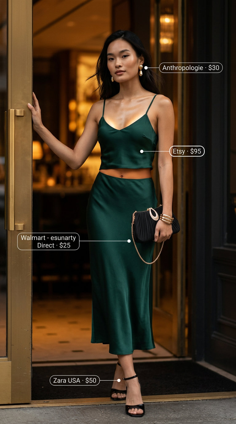 Trendy mob wife summer outfits 2026: Emerald green satin slip dress with black heels, clutch & statement earrings.
