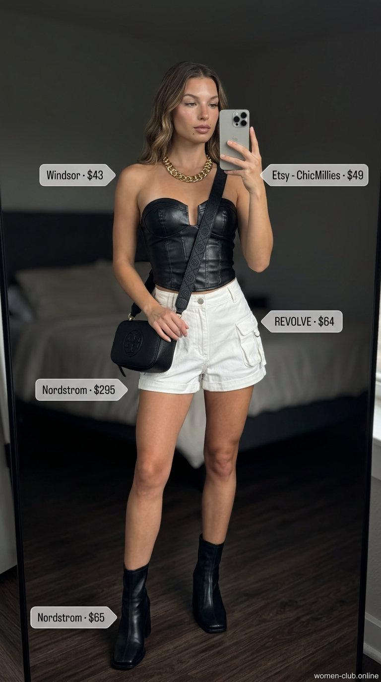 Trendy mob wife summer outfits 2026: White cargo shorts, corset top, gold chain. Edgy night out look.