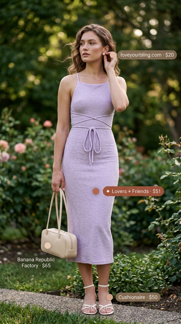 Midi Dress Outfit 2026 Soft lavender midi dress outfit for women, ideal for bridal showers and afternoon tea in 2026.