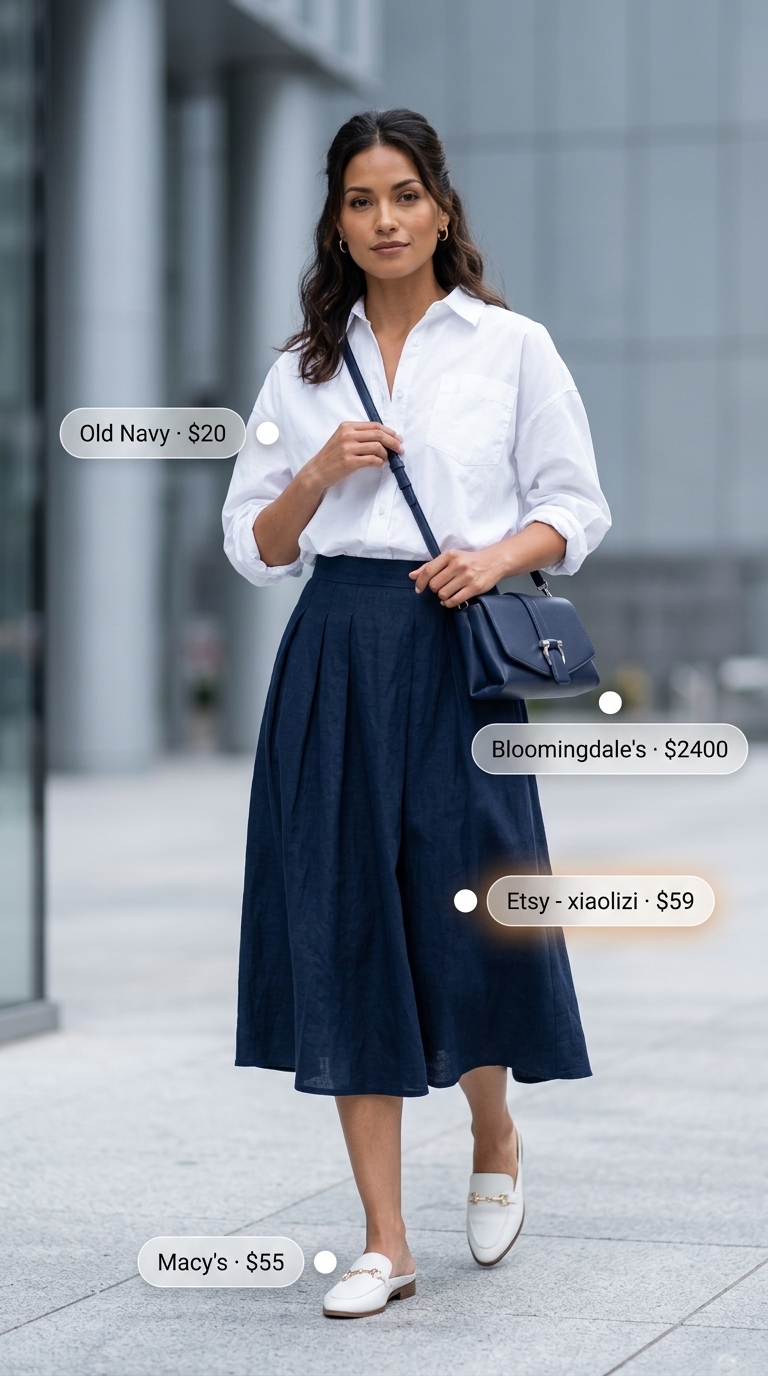 Midi Skirt Outfit 2026 Navy blue midi skirt outfit for women, great for office wear and business casual meetings in 2026.