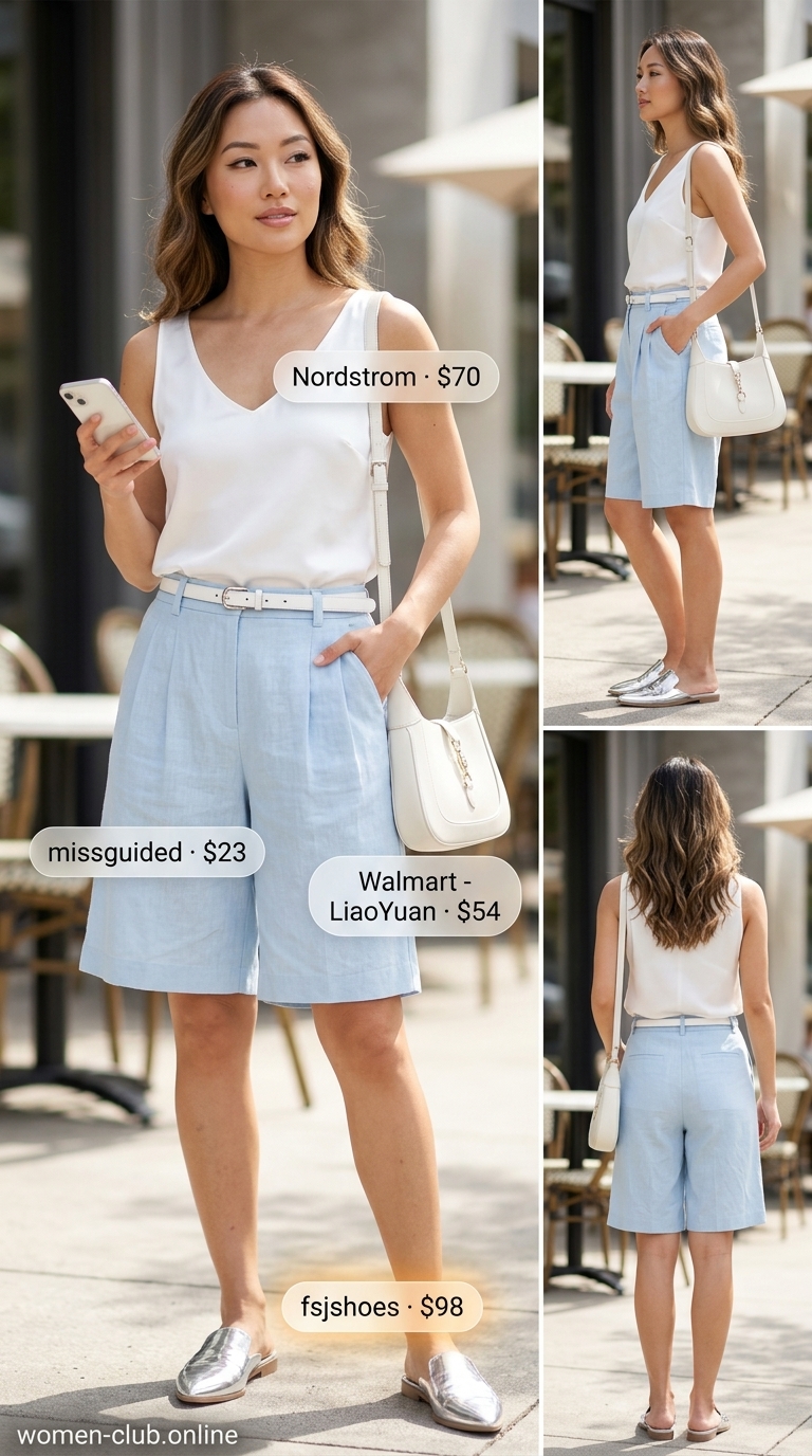 Tailored Shorts Outfit 2026 Sky blue tailored shorts outfit for women, perfect for upscale lunches and smart casual work in 2026.