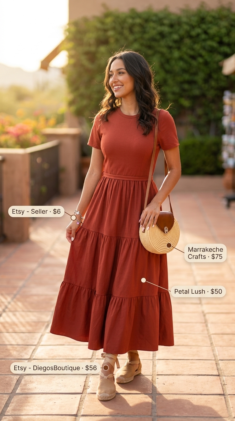 Boho Maxi Dress Outfit 2026 Bohemian terracotta maxi dress outfit for women, perfect for vacation wear and garden parties in 2026.