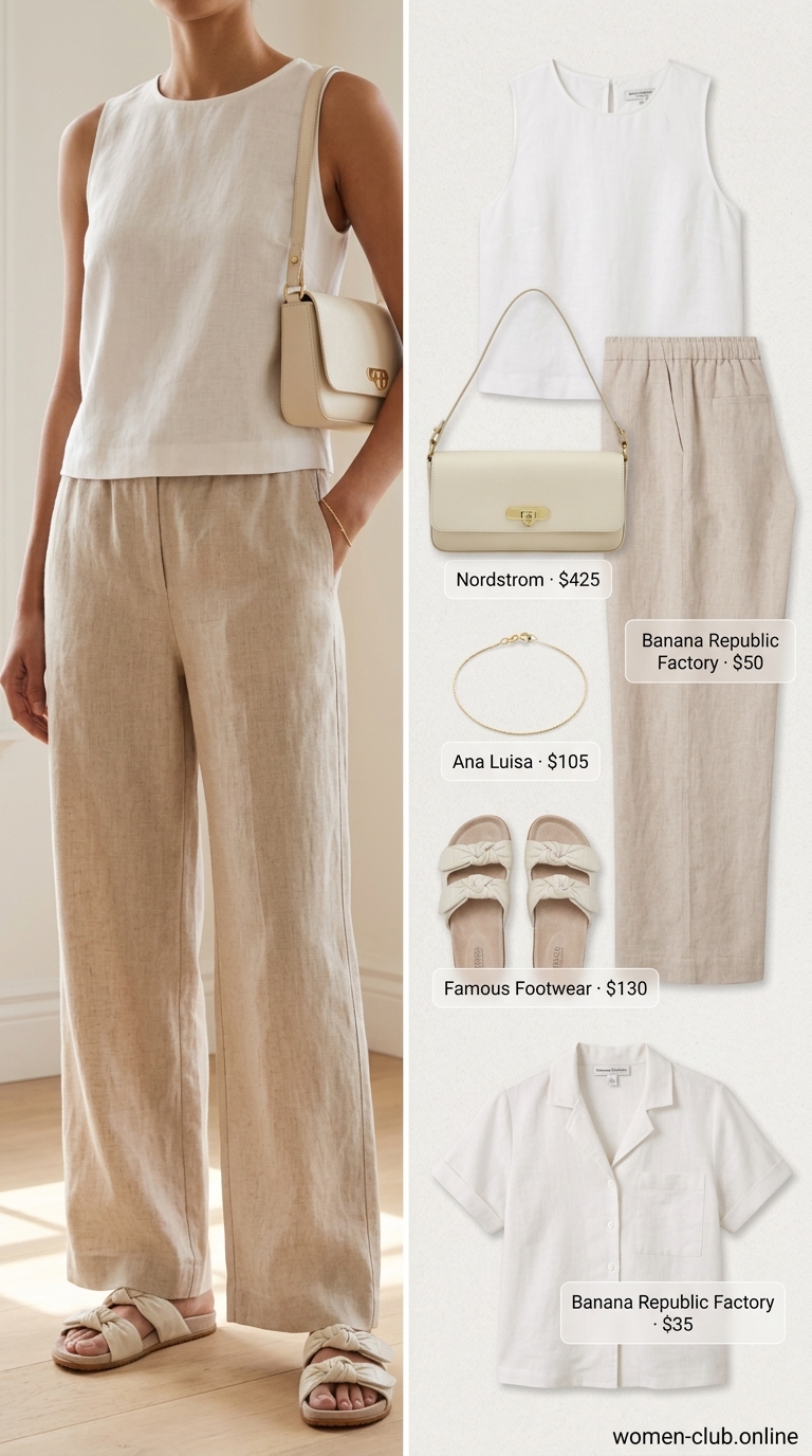 Sophisticated Modest Linen Set 2026 Trendy modest summer outfits for women 2026: Beige linen set, ivory sandals, gold bracelet for upscale brunch.