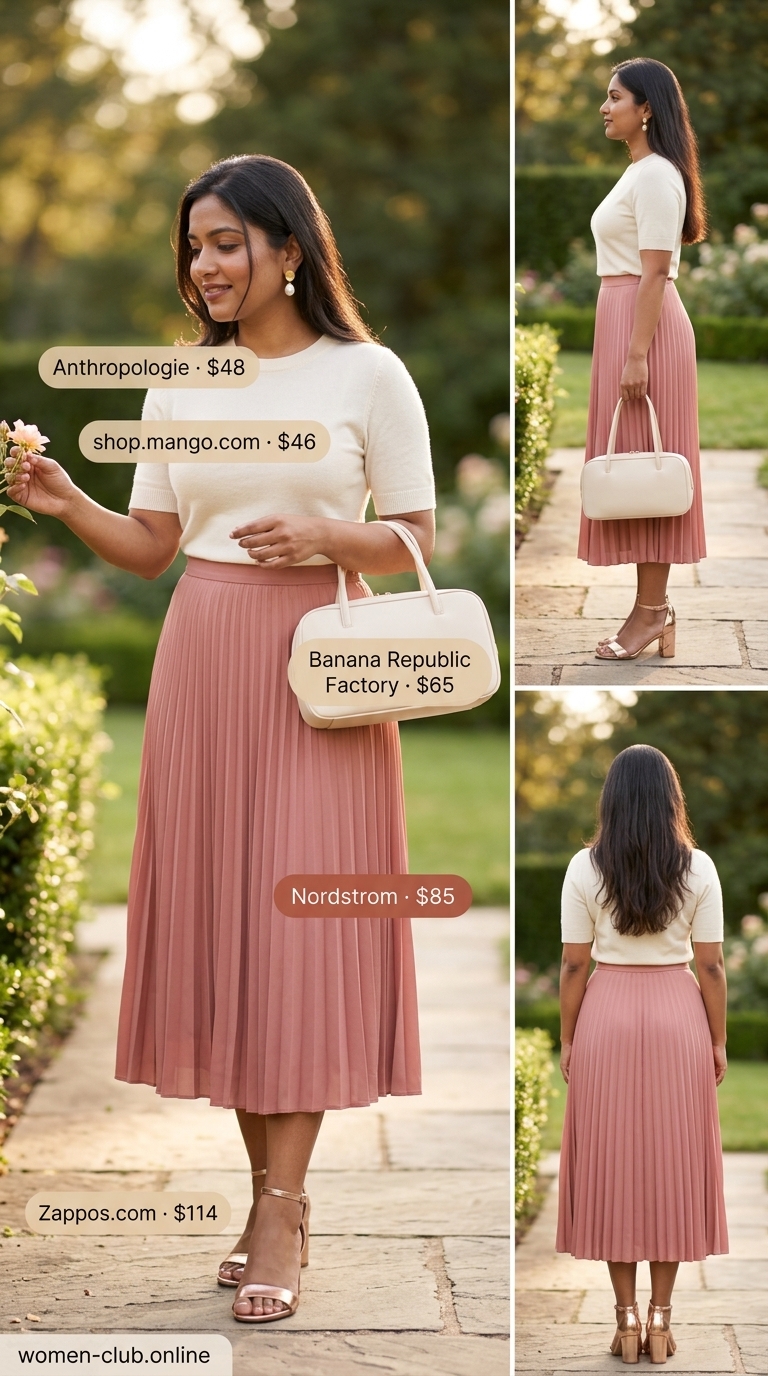Blush & Bloom Modest Summer Outfits 2026 Trendy modest summer outfits 2026: Blush pink pleated midi skirt, cream knit top for garden party.