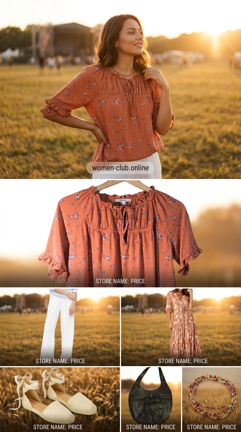 Bohemian Sunset Modest Summer Outfits 2026 Trendy modest summer outfits 2026: Rust peasant blouse, ivory palazzo pants for bohemian style.