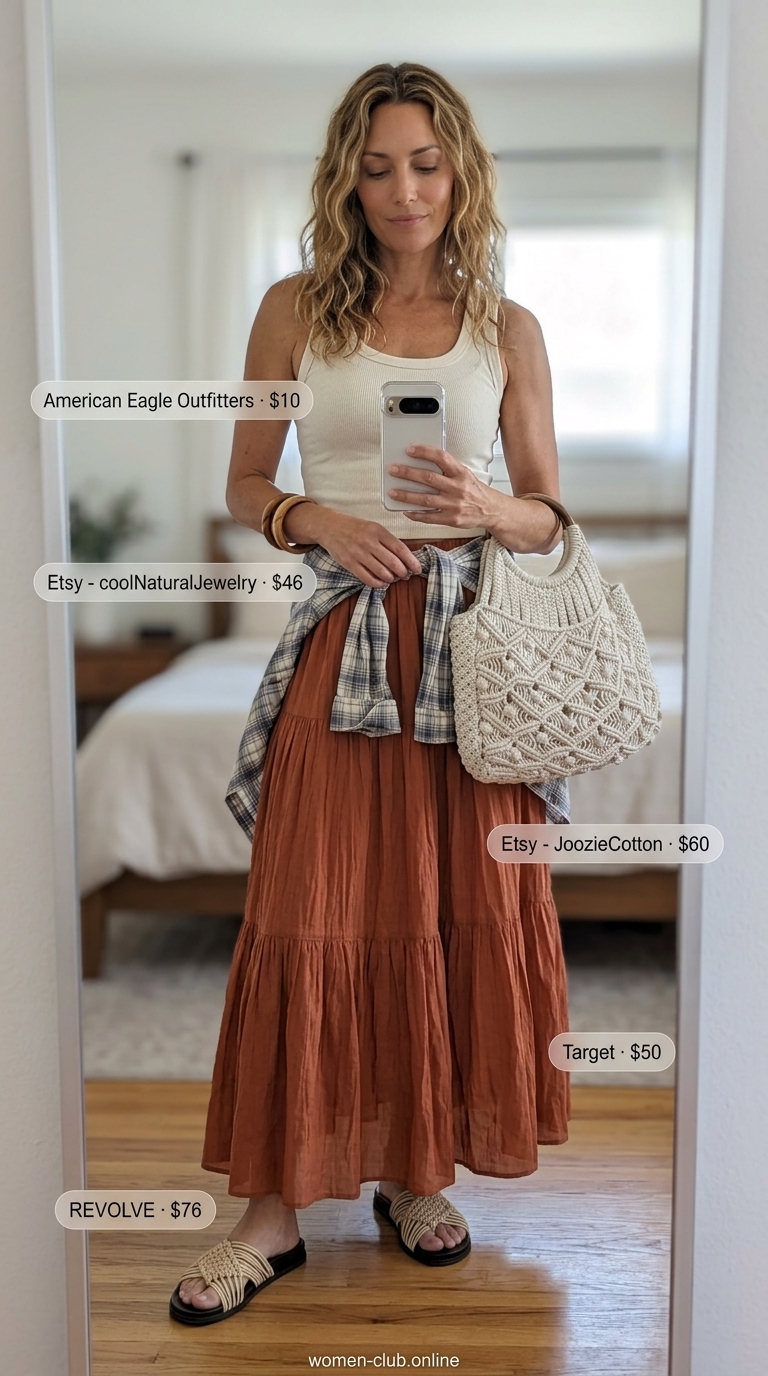 Boho Summer Modest Outfits 2026 Trendy modest summer outfits 2026: Terracotta tiered maxi skirt, cream tank top for boho style.