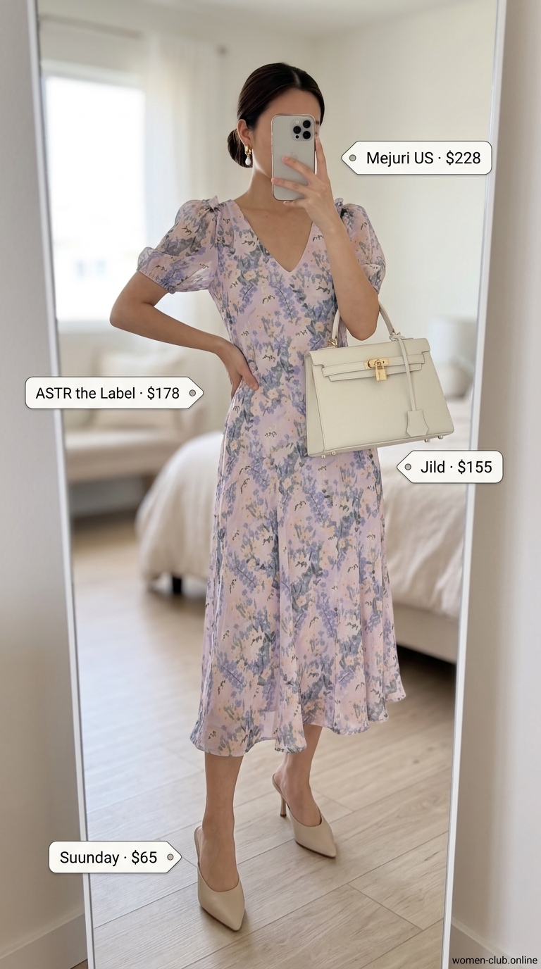 Botanical Garden Modest Summer Outfits 2026 Trendy modest summer outfits 2026: Lavender floral midi dress, cream mules for a garden party.