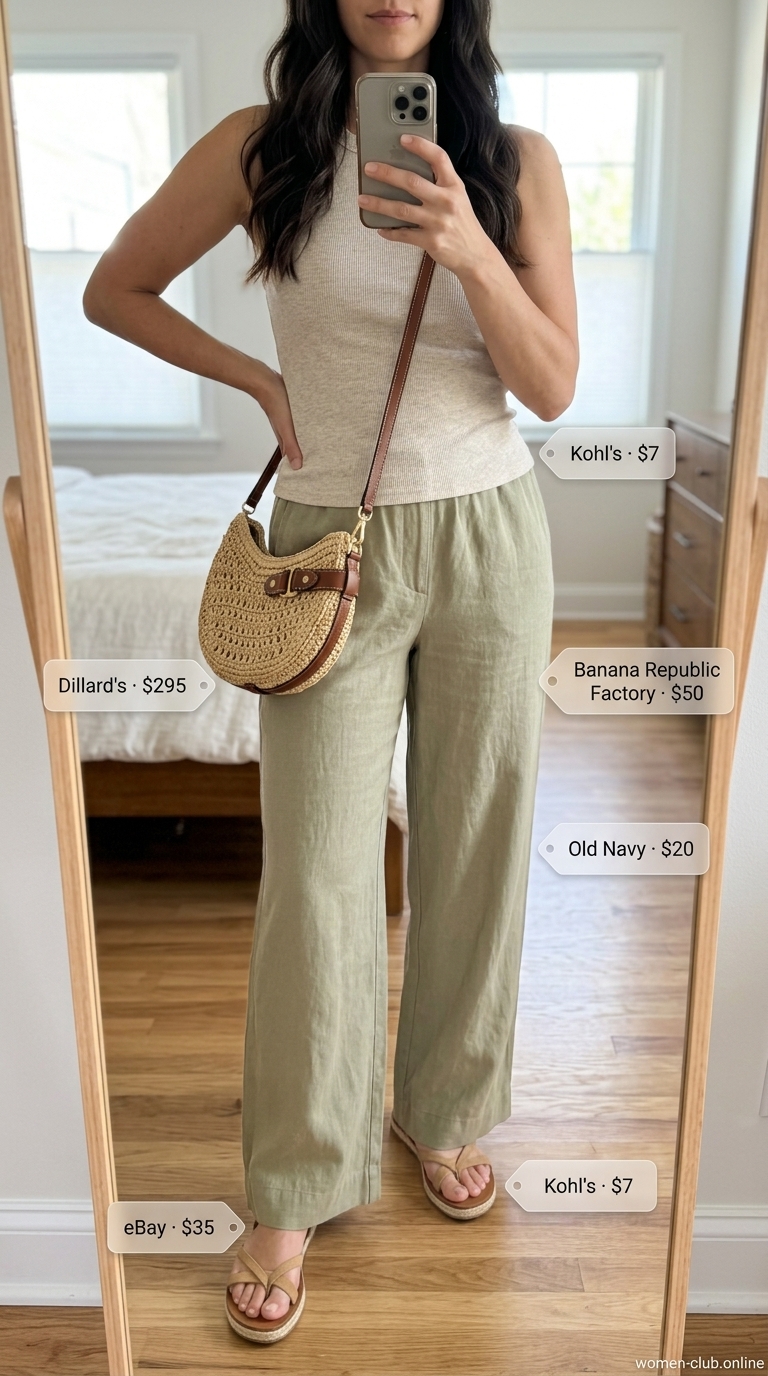 Breezy Riviera Modest Summer Outfits 2026 Trendy modest summer outfits 2026: Olive green palazzo pants, cream knit top for vacation.