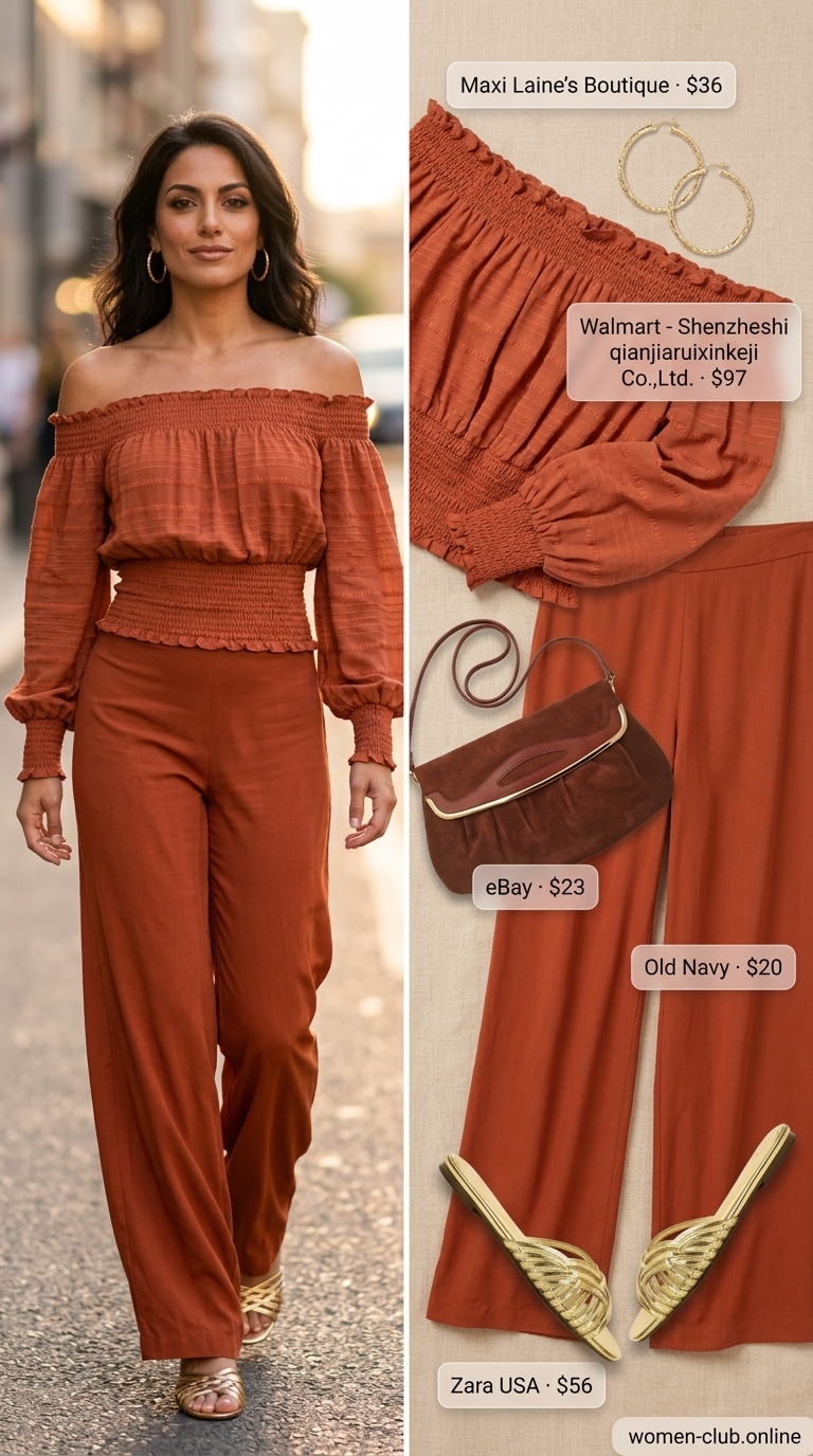 Glamorous Modest Summer Pants 2026 Trendy modest summer outfits for women 2026: Burnt orange palazzo pants, gold sandals, smocked top for vacation dinner.