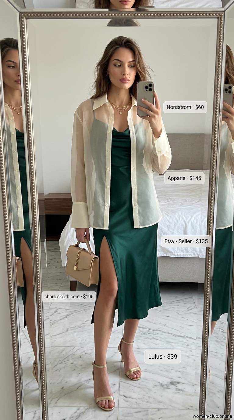 Elegant Modest Summer Dress 2026 Trendy modest summer outfits for women 2026: Emerald green slip dress, sheer shirt, gold sandals for date night.