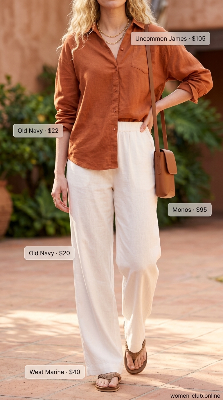 Chic Modest Summer Pants Outfit 2026 Trendy modest summer outfits for women 2026: Ivory linen pants, terracotta shirt, gold necklaces for summer brunch.