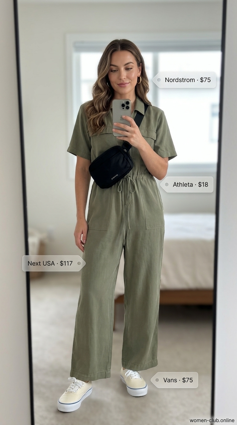 Chic Modest Jumpsuit Outfit 2026 Trendy modest summer outfits for women 2026: Khaki utility jumpsuit, canvas sneakers, crossbody bag for weekend errands.