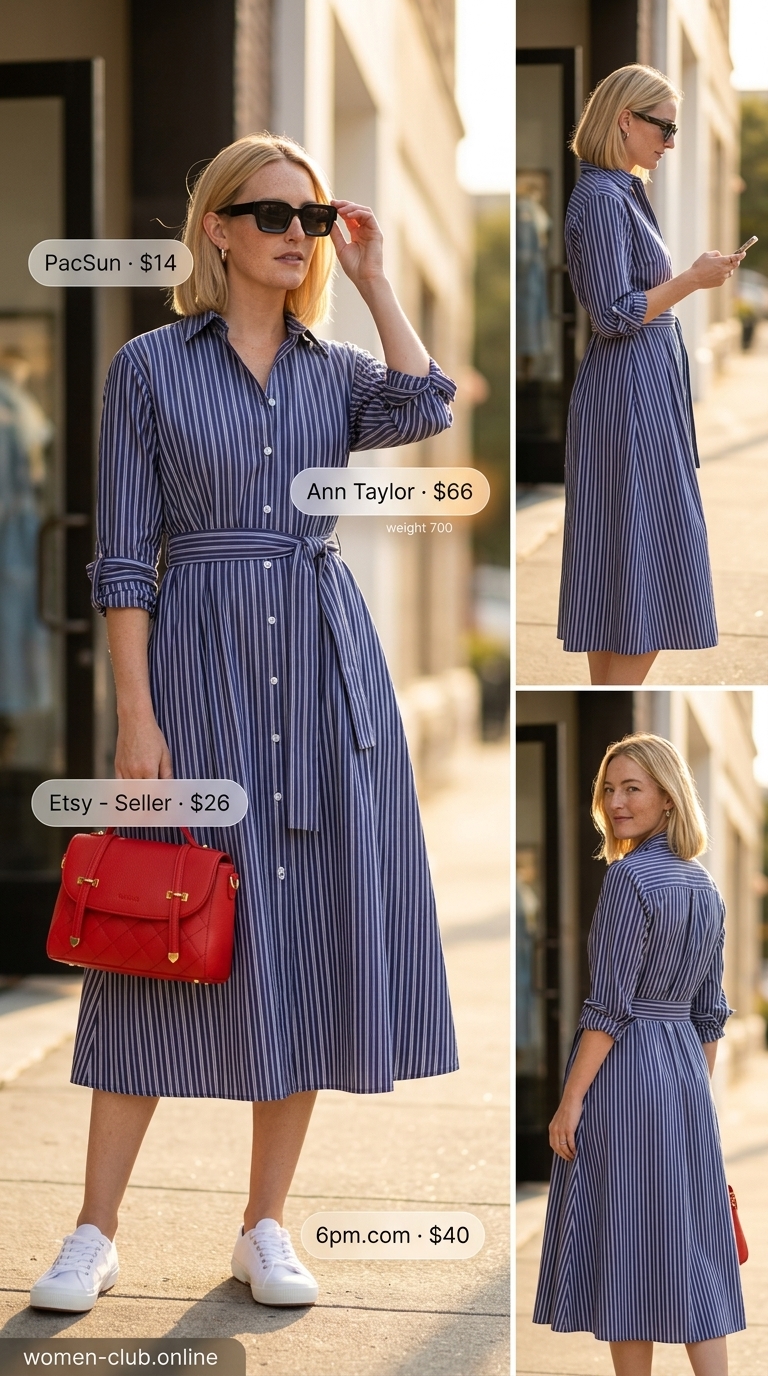 Riviera Retreat Modest Summer Outfits 2026 Trendy modest summer outfits 2026: Navy and white striped midi shirt dress, white sneakers for resort wear.