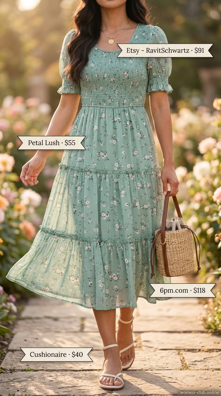 Romantic Modest Summer Dress 2026 Trendy modest summer outfits for women 2026: Sage green floral maxi dress, gold necklace, straw bag for garden party.