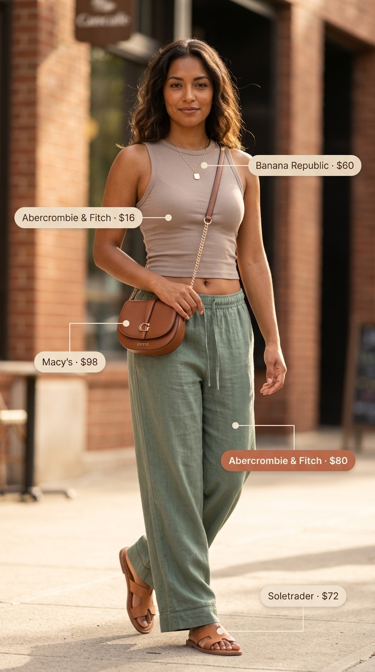 Relaxed Modest Summer Pants 2026 Trendy modest summer outfits for women 2026: Sage green linen pants, cream tank top, gold necklace for weekend brunch.