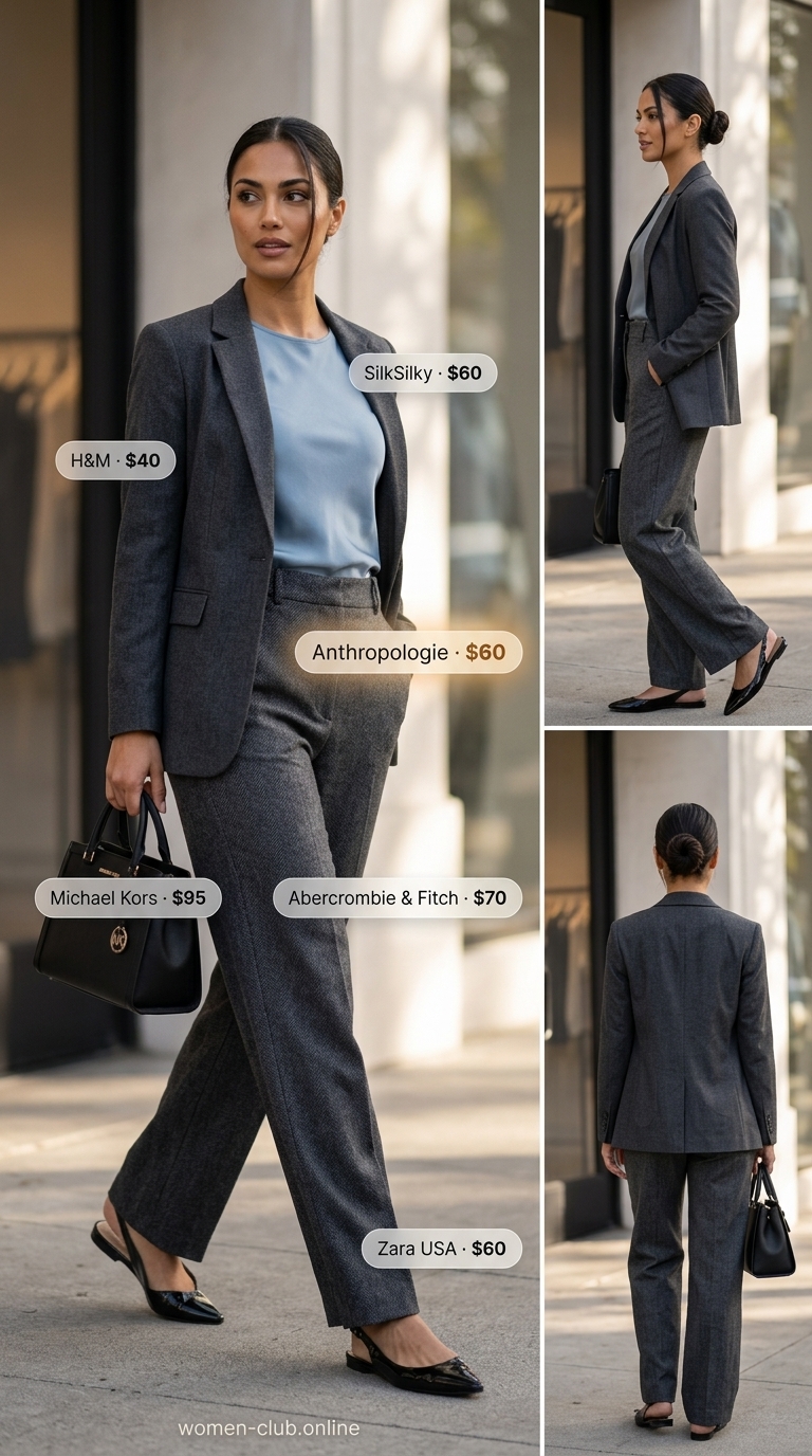 Soft Tailoring Modest Summer Outfits 2026 Trendy modest summer outfits 2026: Charcoal wide-leg trousers, light blue shell top for office.