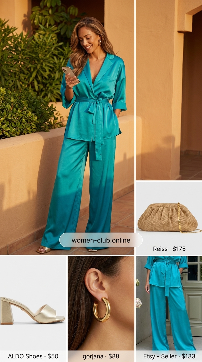 Teal Tides Modest Summer Outfits 2026 Trendy modest summer outfits 2026: Teal satin matching set for resort dinner.