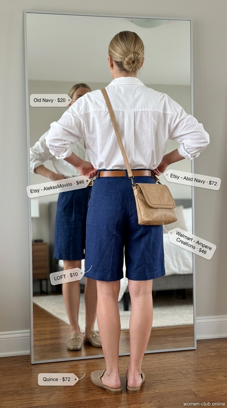 Urban Chic Modest Summer Outfits 2026 Trendy modest summer outfits 2026: Navy Bermuda shorts, white oversized shirt, tan loafers for city exploration.