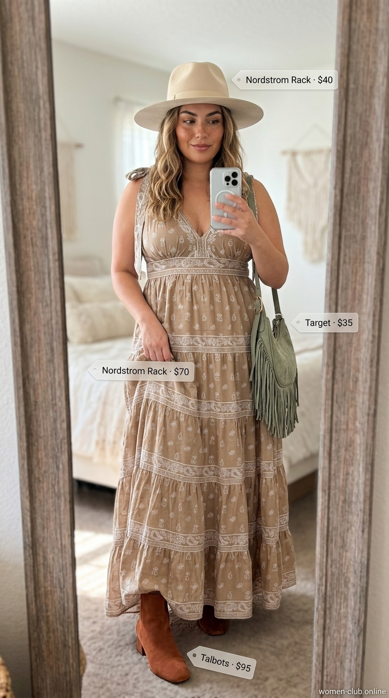 Boho terracotta paisley maxi dress with suede boots & wide-brim hat. Trendy outfits for women summer 2026.