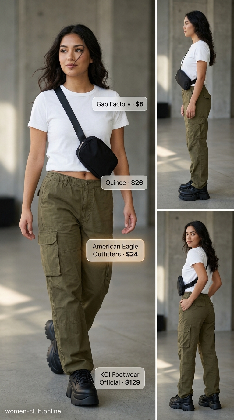 Olive green cargo pants with white tee and black sneakers for trendy outfits for women summer 2026.