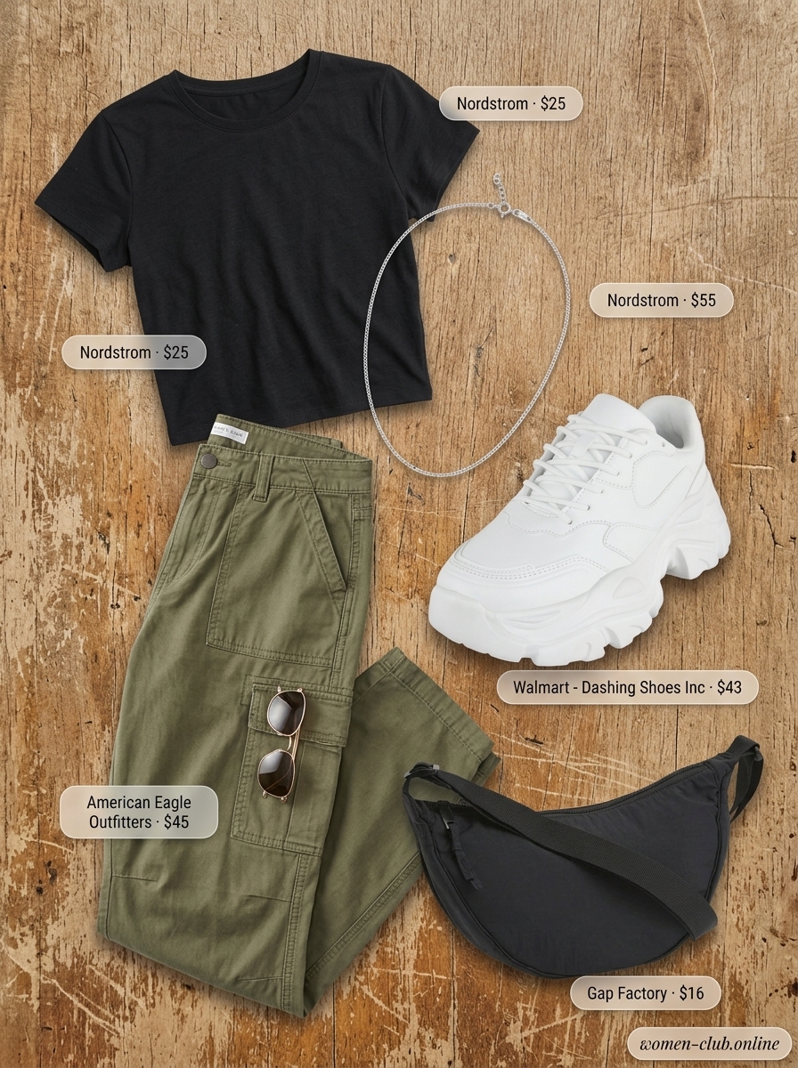 Trendy outfits for women summer 2026: Olive cargo pants, black crop top, chunky sneakers, crossbody bag.