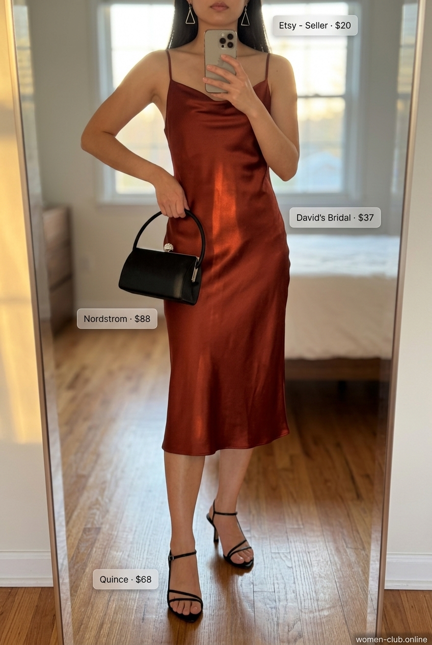 Trendy outfits for women summer 2026: Coral slip dress, black strappy heels, clutch & silver earrings for date night.