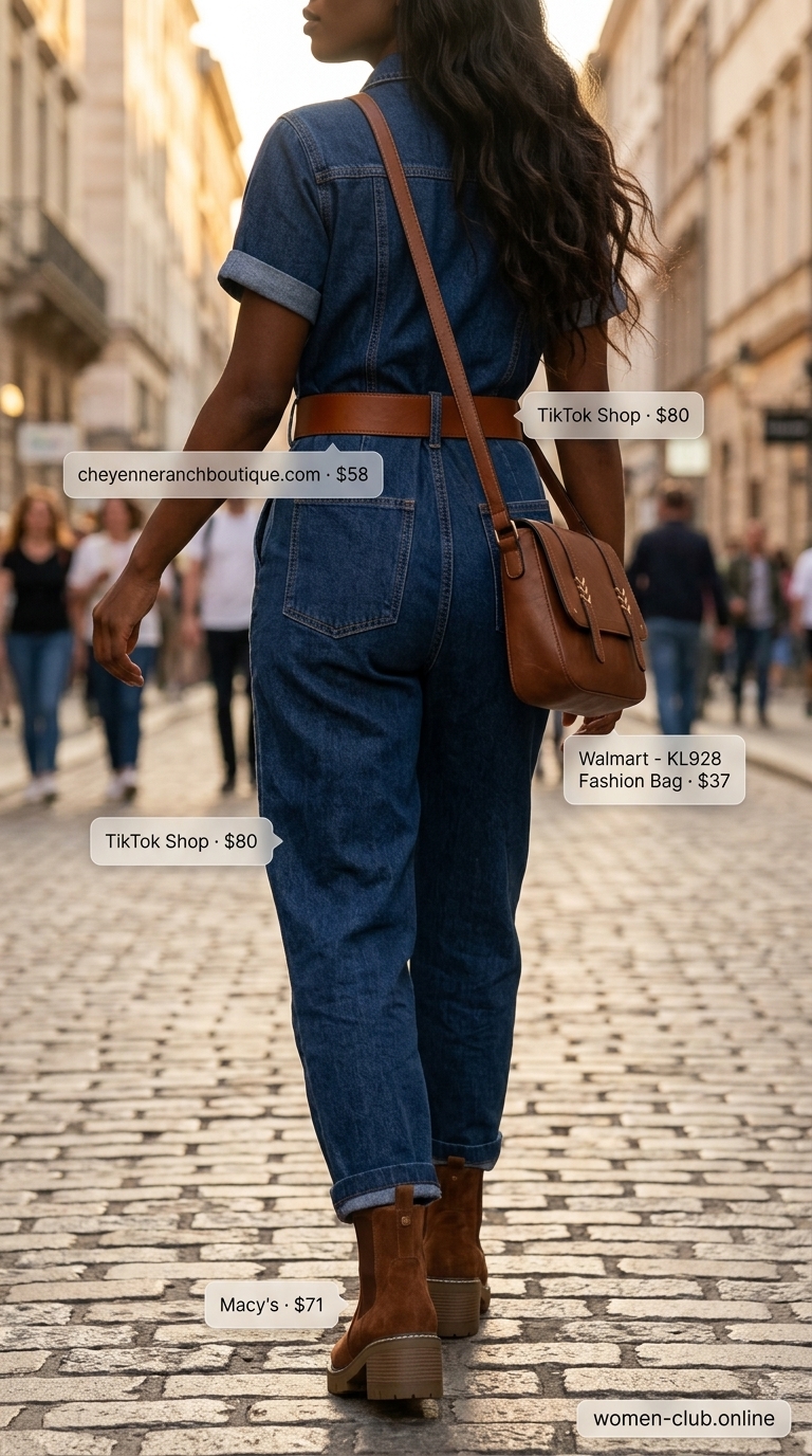 Retro medium wash denim jumpsuit with brown belt & ankle boots. Trendy outfits for women summer 2026.
