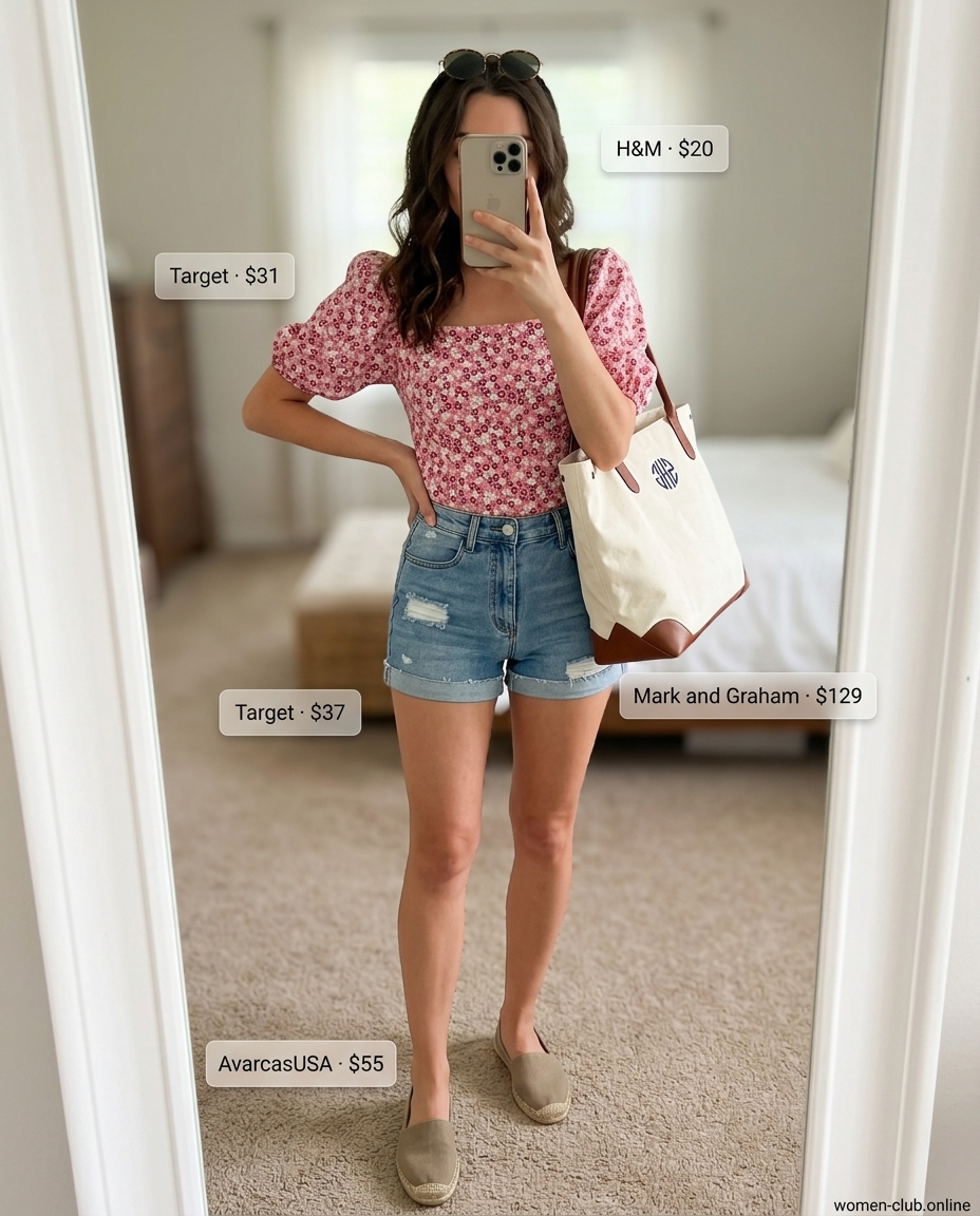 Denim shorts with pink floral puff sleeve top for trendy outfits for women summer 2026.